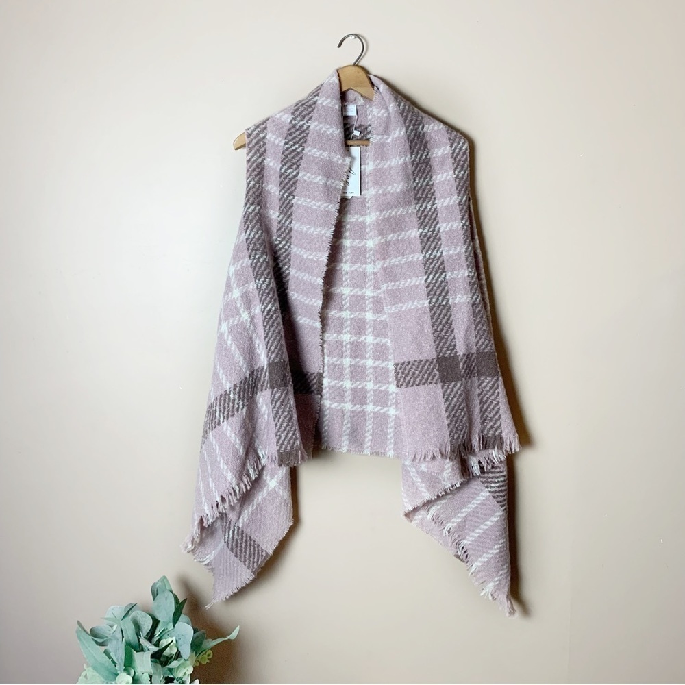 Women's Purple Plaid Print Sleeveless Fringe Detail Open Front Scarf Sweater